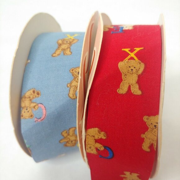 Vintage WFR Fabric Ribbon Spool Pair Teddy Bear Alphabet 1.25" Red Blue Kid Baby - Picture 2 of 6